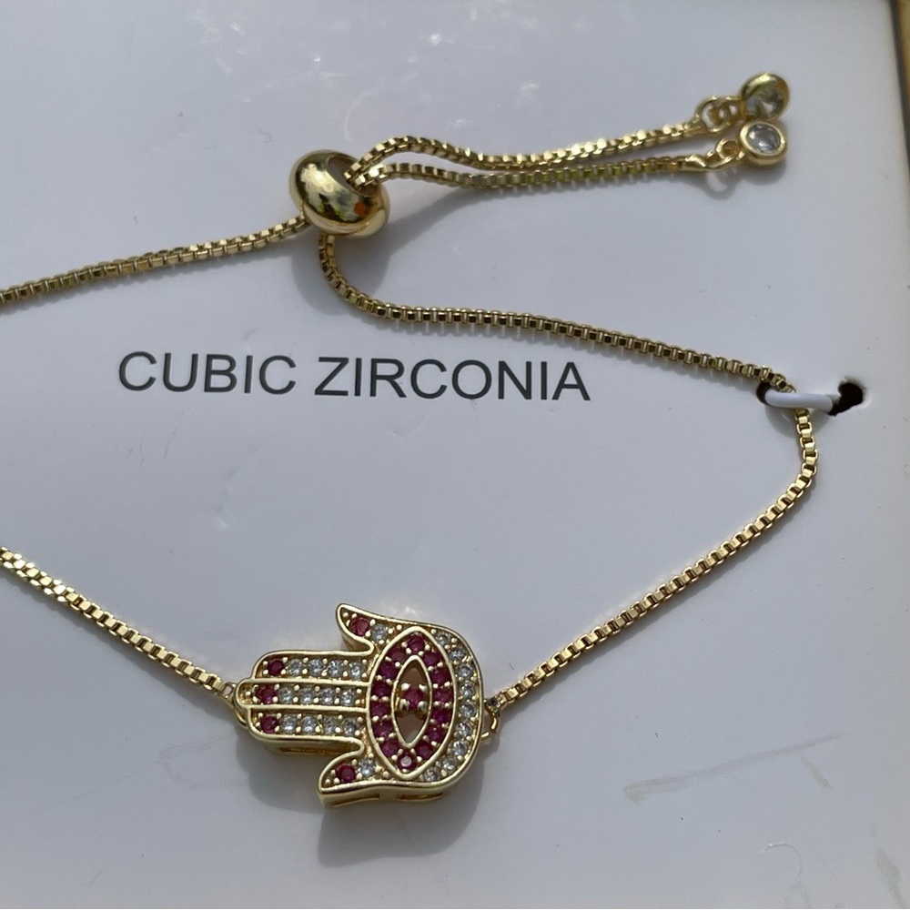NWT Gold and pink Hamsa hand cubic zirconia bracelet - Picture 7 of 8